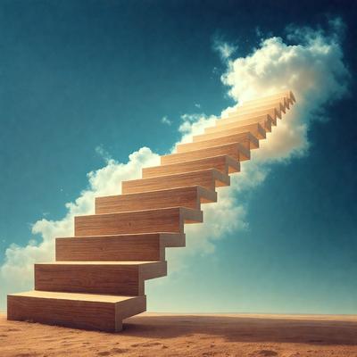 The primary subject of the image is a wooden staircase with a cloudy sky in the background. The staircase is made of wood and appears to be a part of a larger structure. The setting is a cloudy sky, which adds a sense of depth and atmosphere to the scene. The visual style of the image is a combination of photo and digital art, creating a unique and artistic representation of the staircase. The colors and mood of the image are predominantly blue and cloudy, giving it a serene